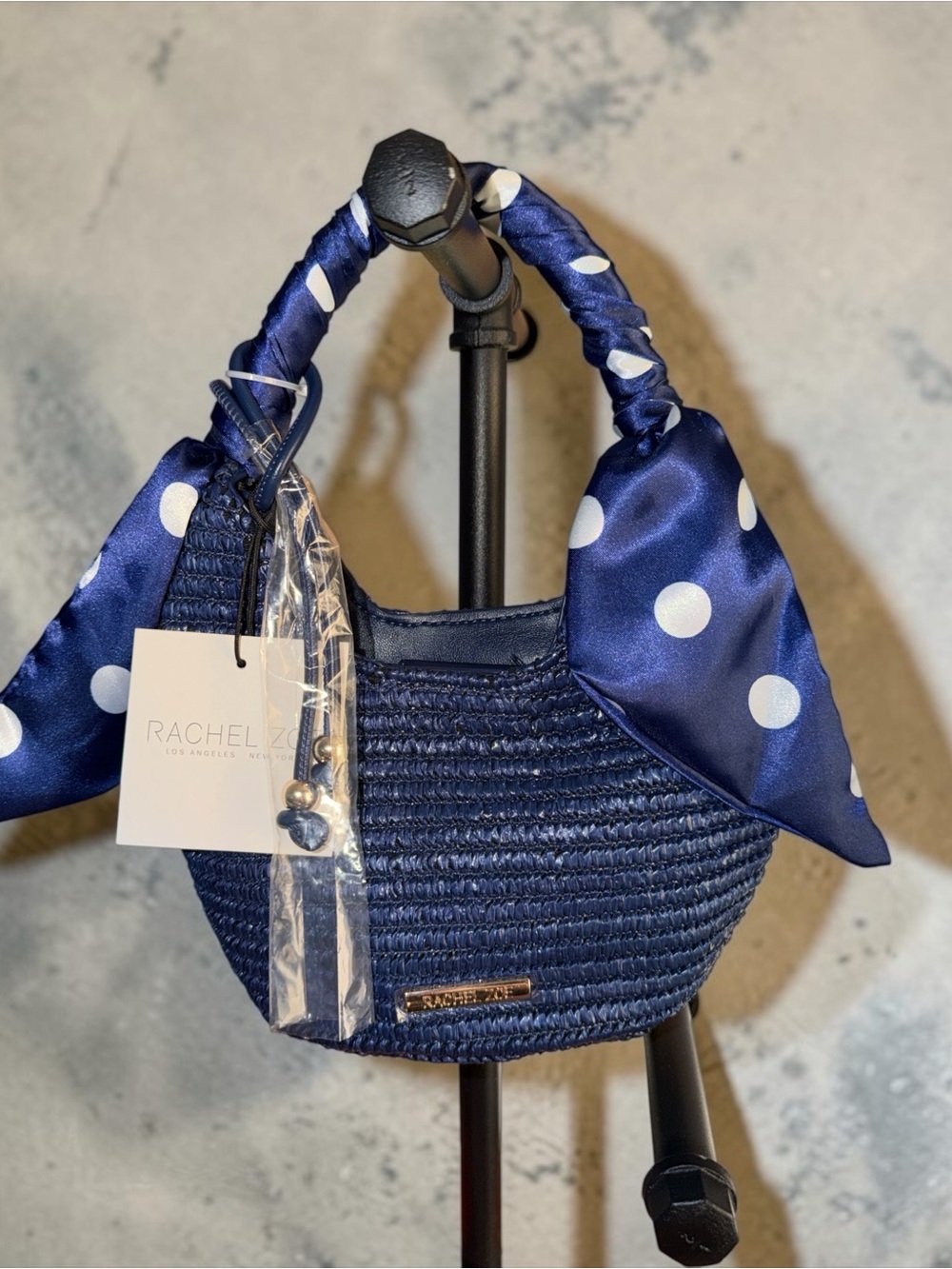 Rachel Zoe Navy Polka Dot Scarf-Handle Mini Straw Bag
